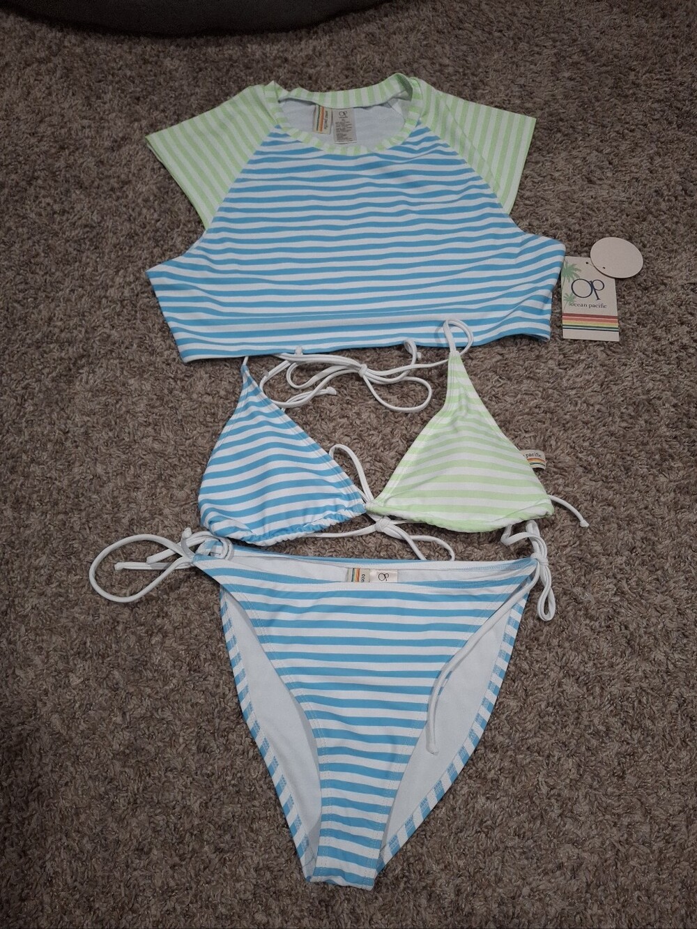 OP Ocean Pacific  Striped Aqua & Mint Three-Piece Swim Set Size XL NWT